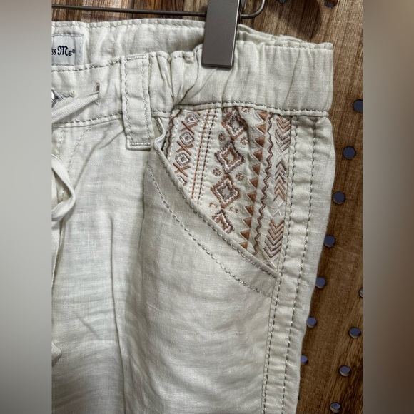 GUC Miss Me Jeans Cream 100% Linen Embroidered Drawstring Wide Leg Size Medium - Picture 7 of 9